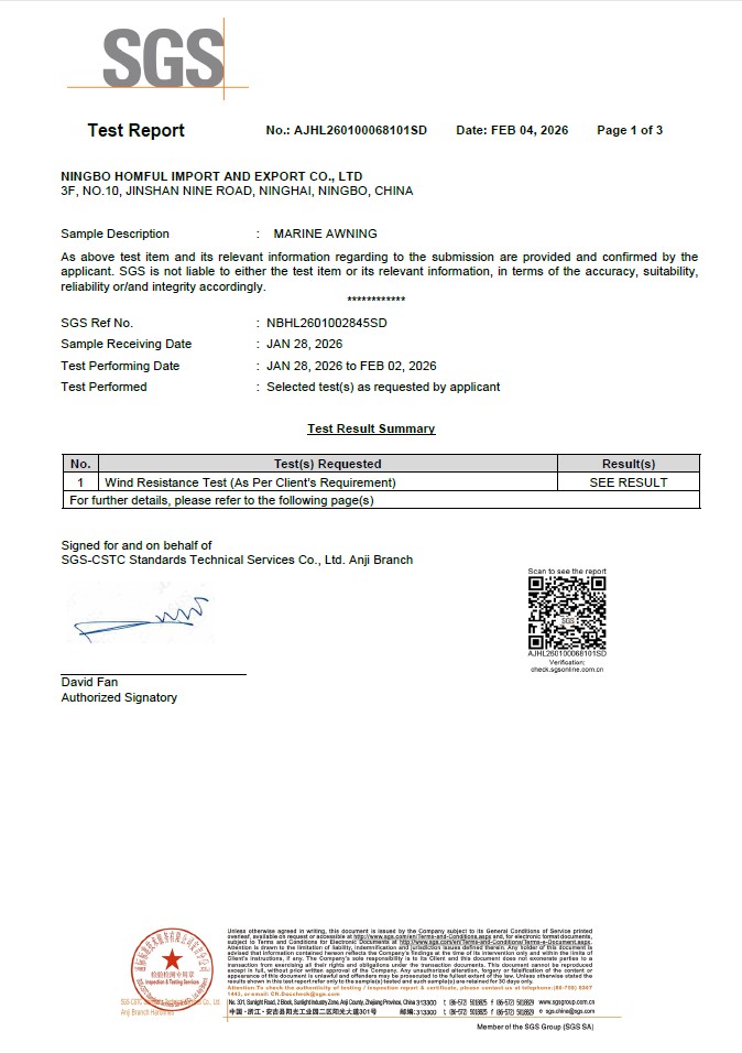 SGS Marine Awning Wind Resistance Test Report